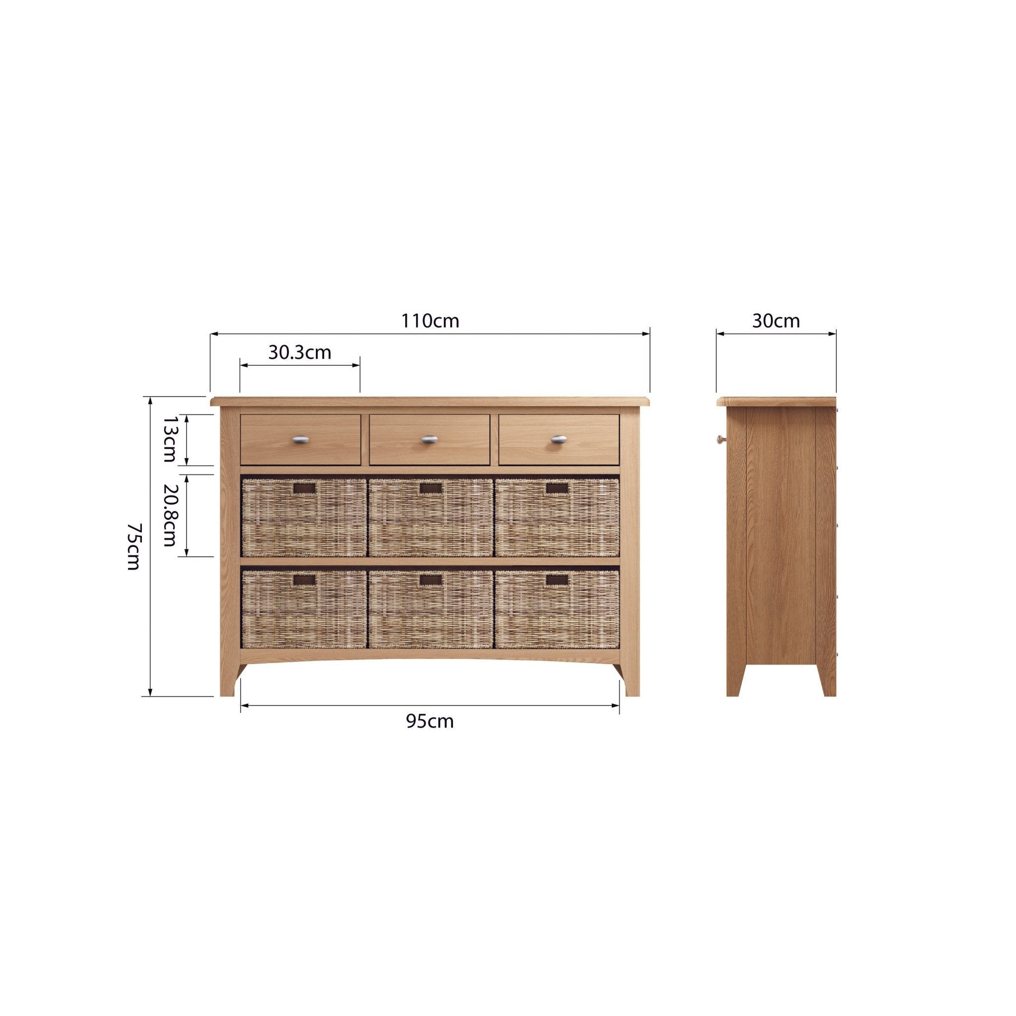 Ockley Oak 3 Drawer 6 Basket Cabinet - Duck Barn Interiors