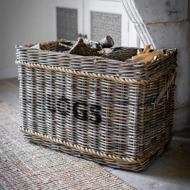 Rectangular Rattan Log Basket with Rope - Duck Barn Interiors