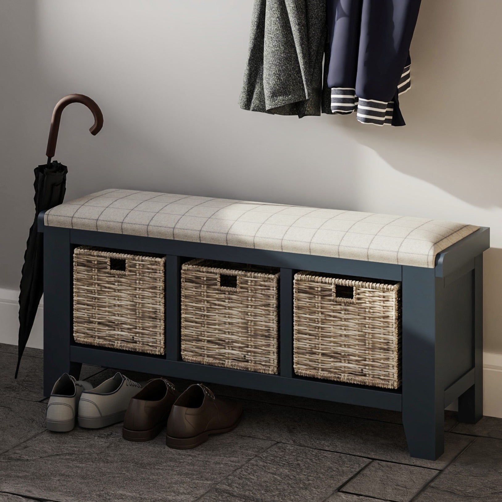 Rogate Blue 3 Basket Hall Storage Bench With Natural Check Seat - Duck Barn Interiors