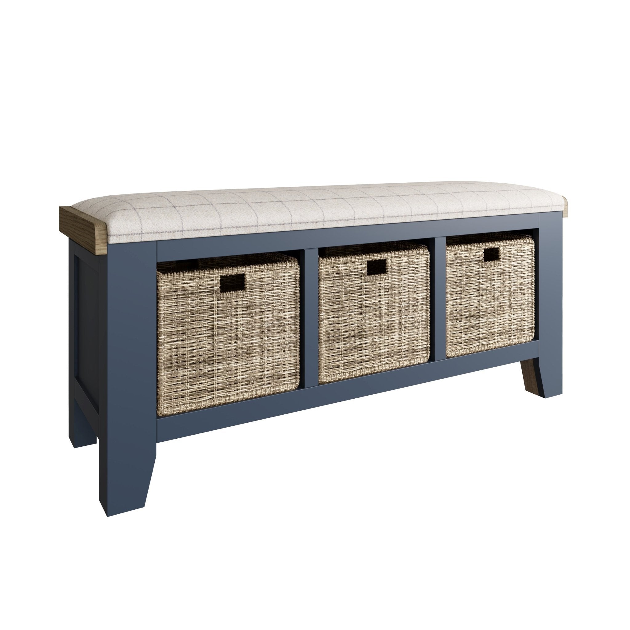 Rogate Blue 3 Basket Hall Storage Bench With Natural Check Seat - Duck Barn Interiors