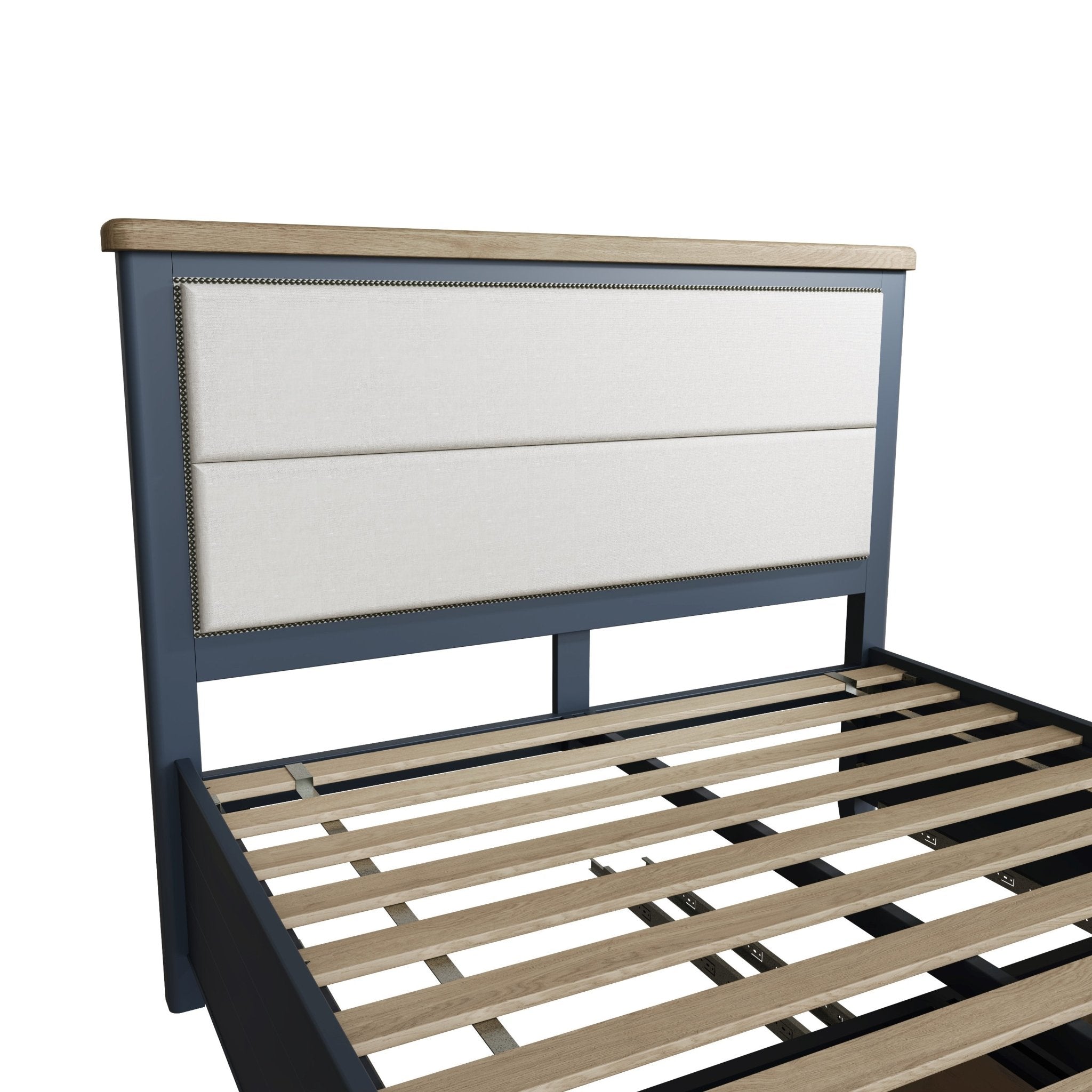 Rogate Blue 6'0 Super King Size Bed Frame - Fabric Headboard & Drawers - Duck Barn Interiors