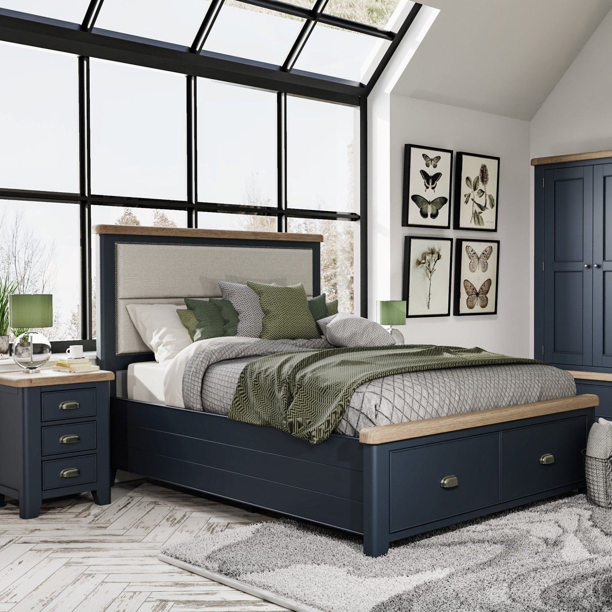 Rogate Blue 6'0 Super King Size Bed Frame - Fabric Headboard & Drawers - Duck Barn Interiors
