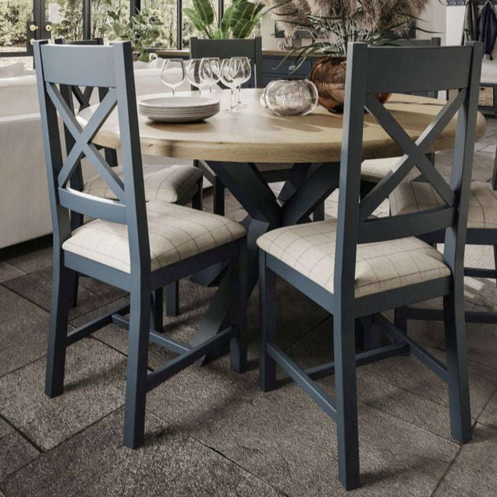 Rogate Blue Painted Cross Back Fabric Dining Chair - Grey Check - Duck Barn Interiors