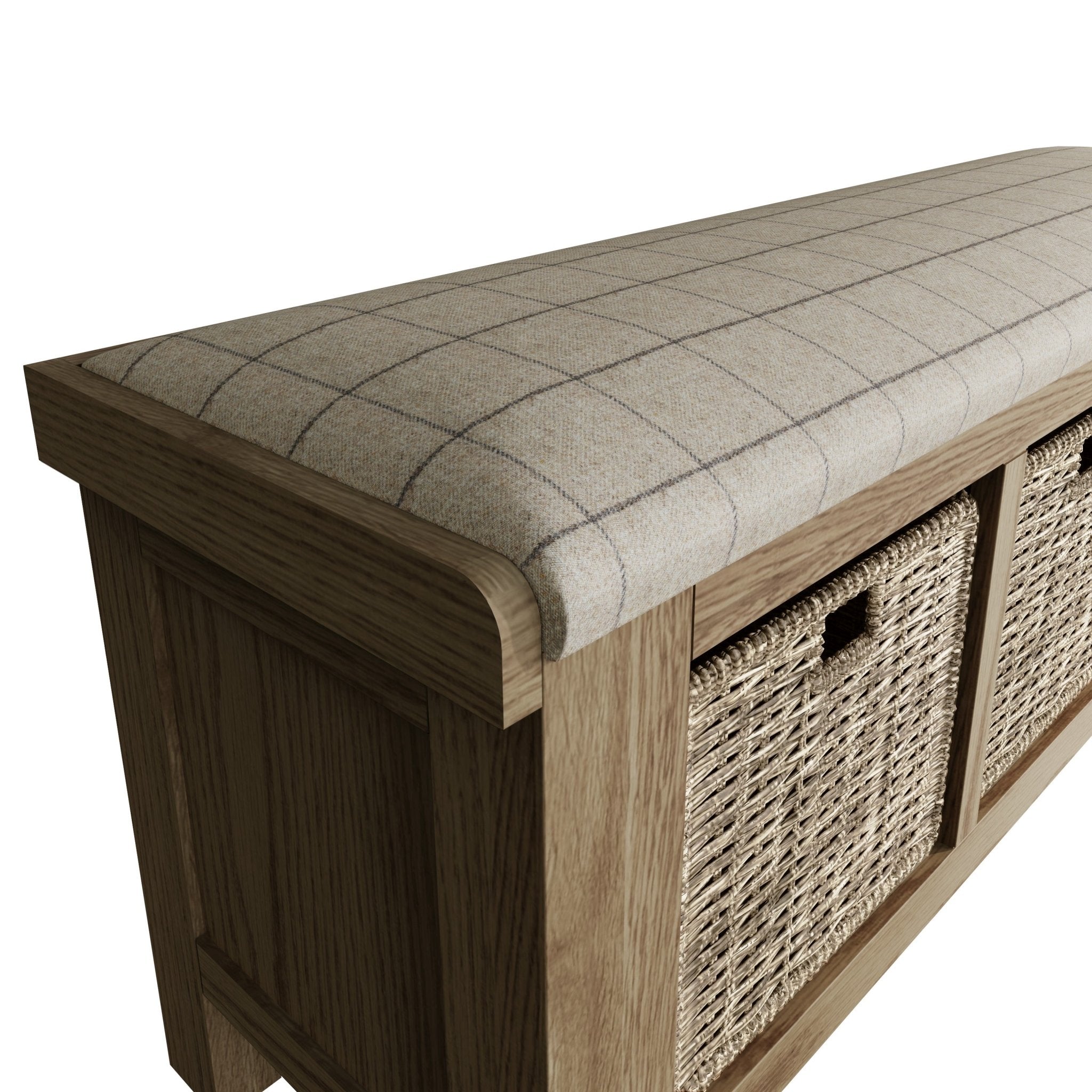 Rusper Oak 3 Basket Hall Storage Bench With Natural Check Seat - Duck Barn Interiors