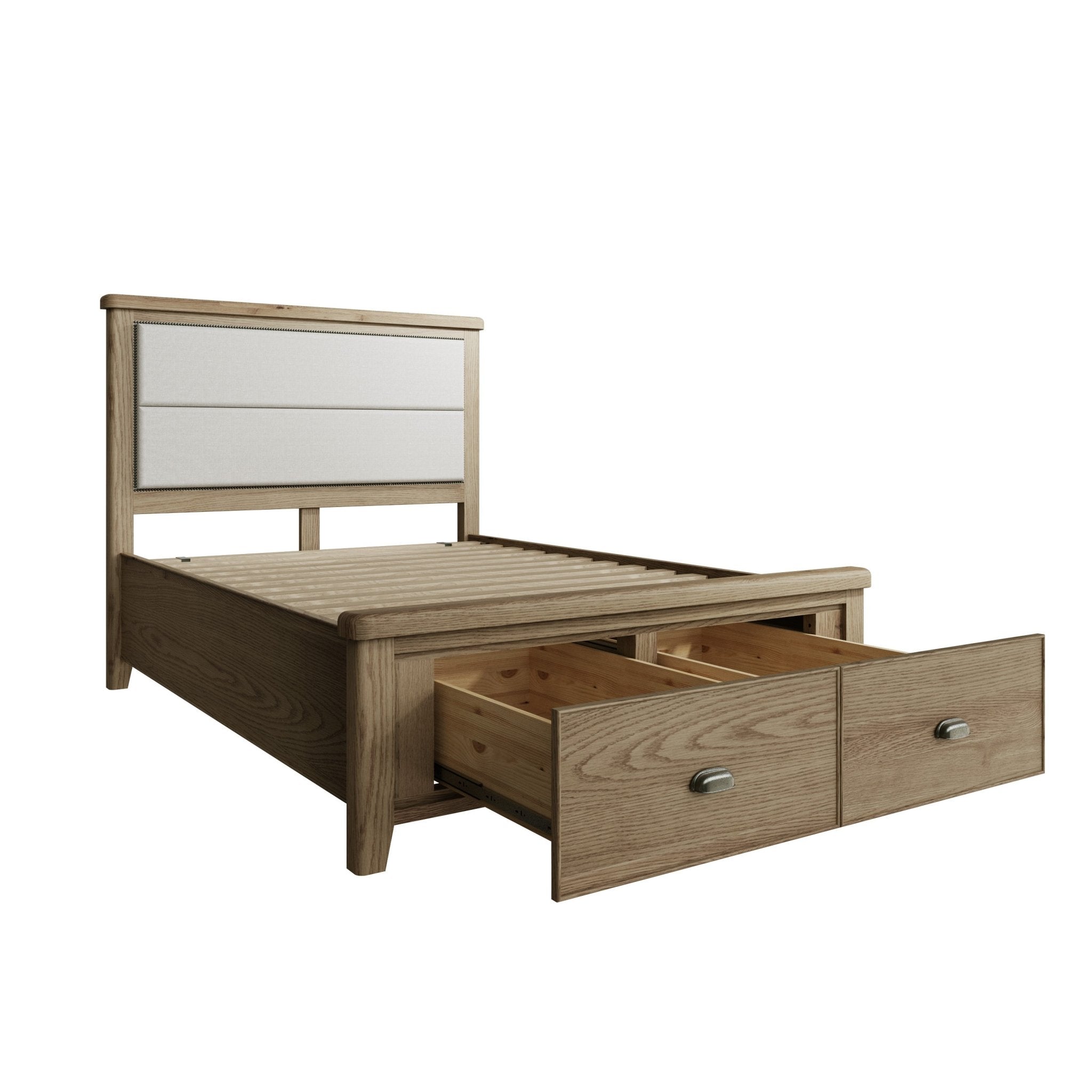 Rusper Oak 4ft 6" Double Bed Frame - Fabric Headboard & Drawers - Duck Barn Interiors