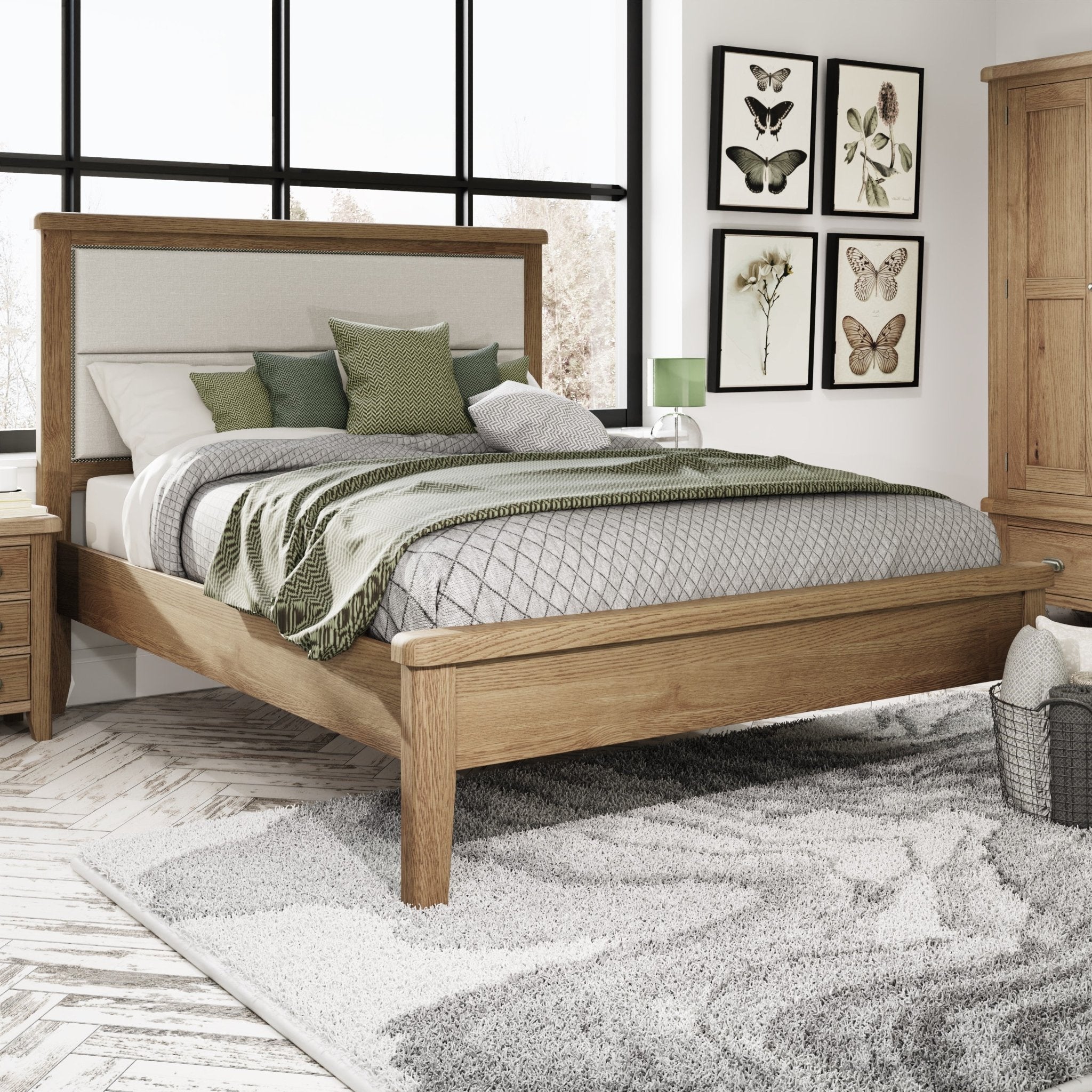 Rusper Oak 5'0 Kingsize Bed Frame - Fabric Headboard - Duck Barn Interiors
