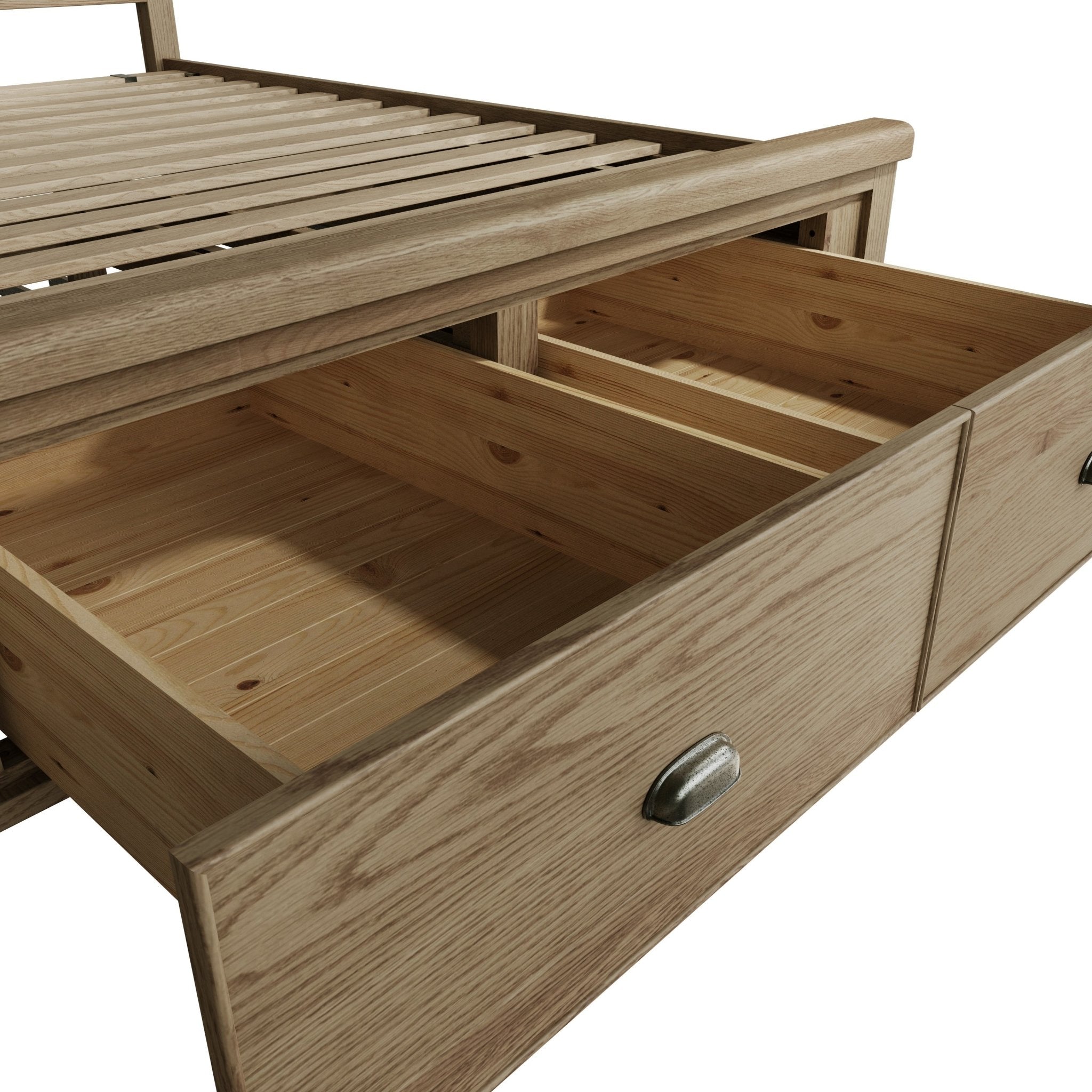 Rusper Oak 5'0 Kingsize Bed Frame - Fabric Headboard & Drawers - Duck Barn Interiors
