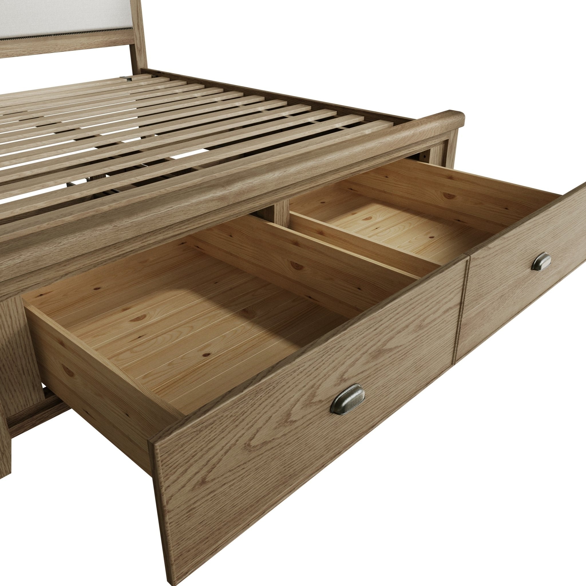 Rusper Oak 6'0 Super King Size Bed Frame - Fabric Headboard & Drawers - Duck Barn Interiors