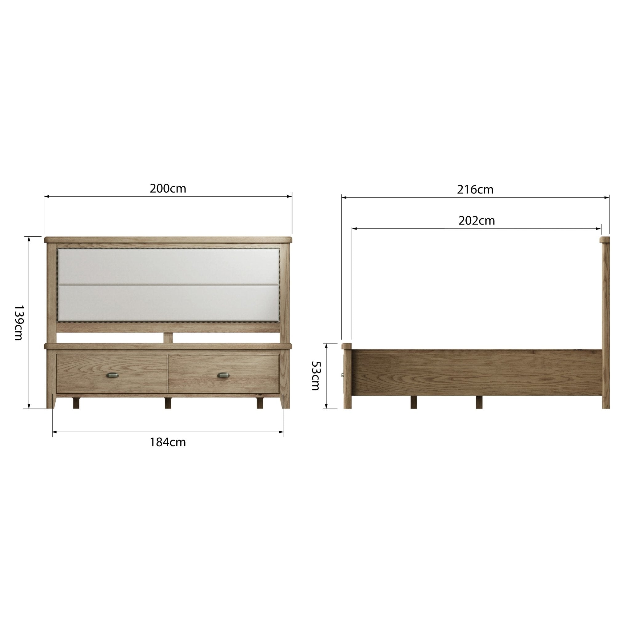 Rusper Oak 6'0 Super King Size Bed Frame - Fabric Headboard & Drawers - Duck Barn Interiors