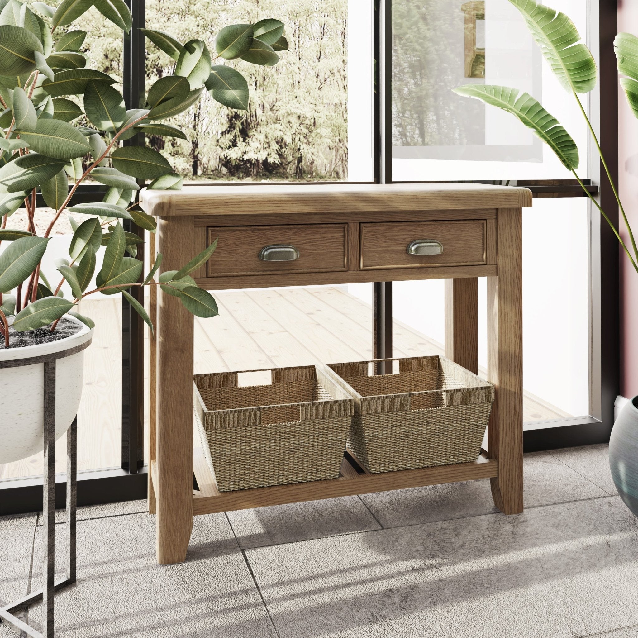 Rusper Oak Console Table with 2 Baskets - Duck Barn Interiors