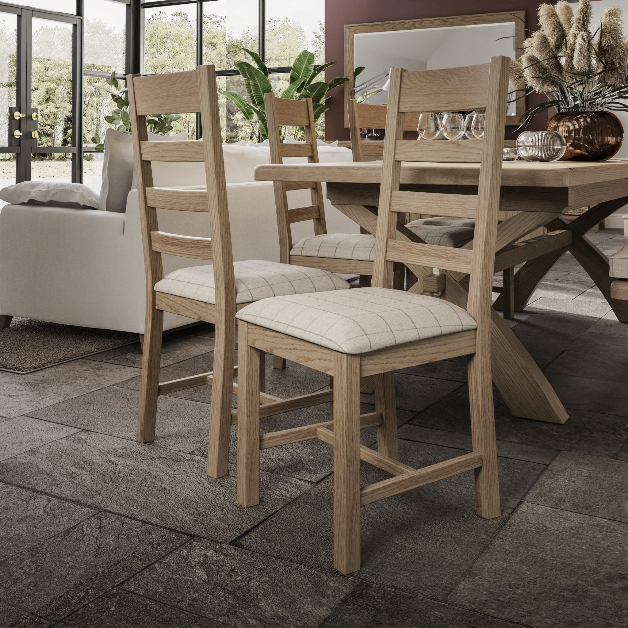 Rusper Oak Slatted Fabric Dining Chair - Natural Check - Duck Barn Interiors