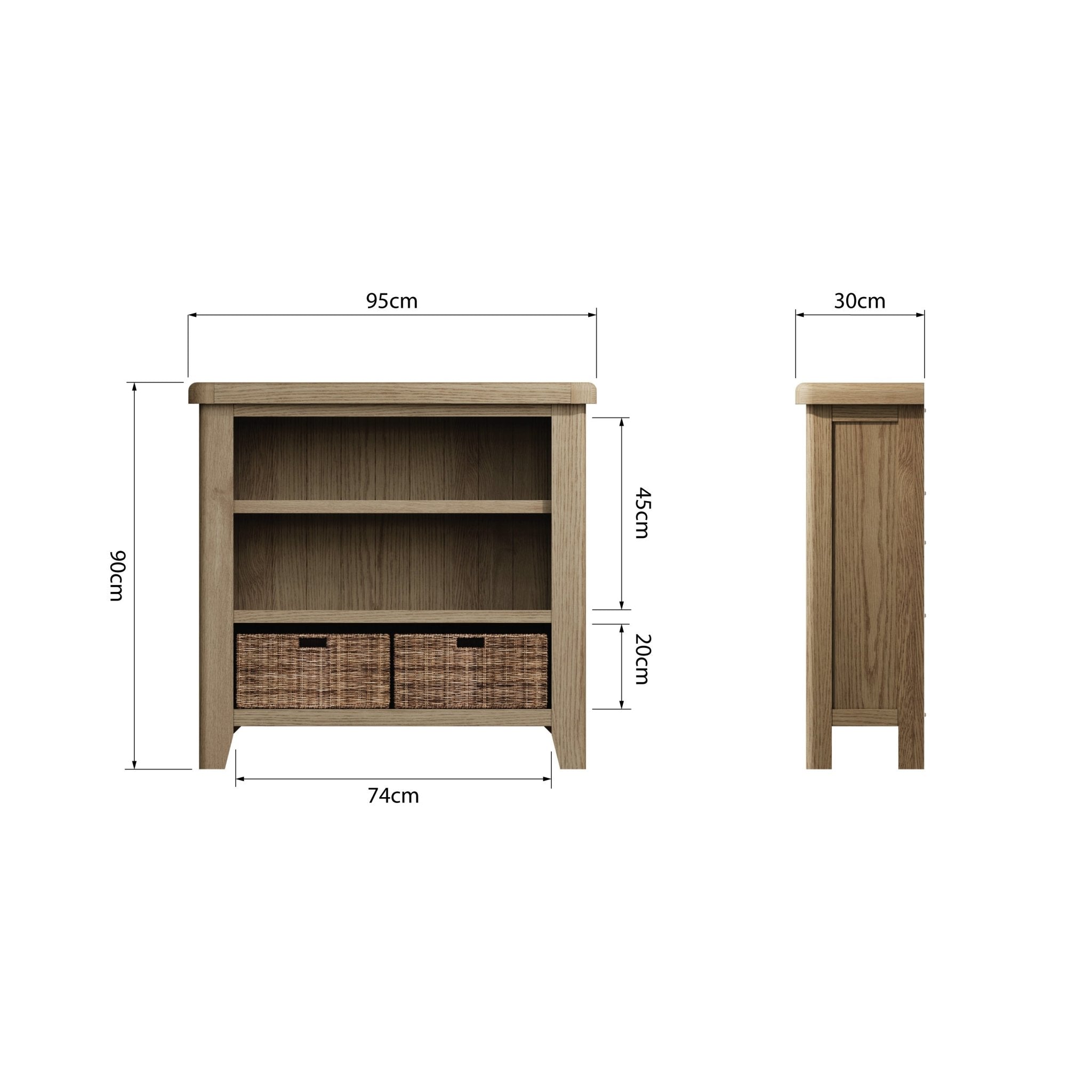 Rusper Oak Small Bookcase with Baskets - Duck Barn Interiors