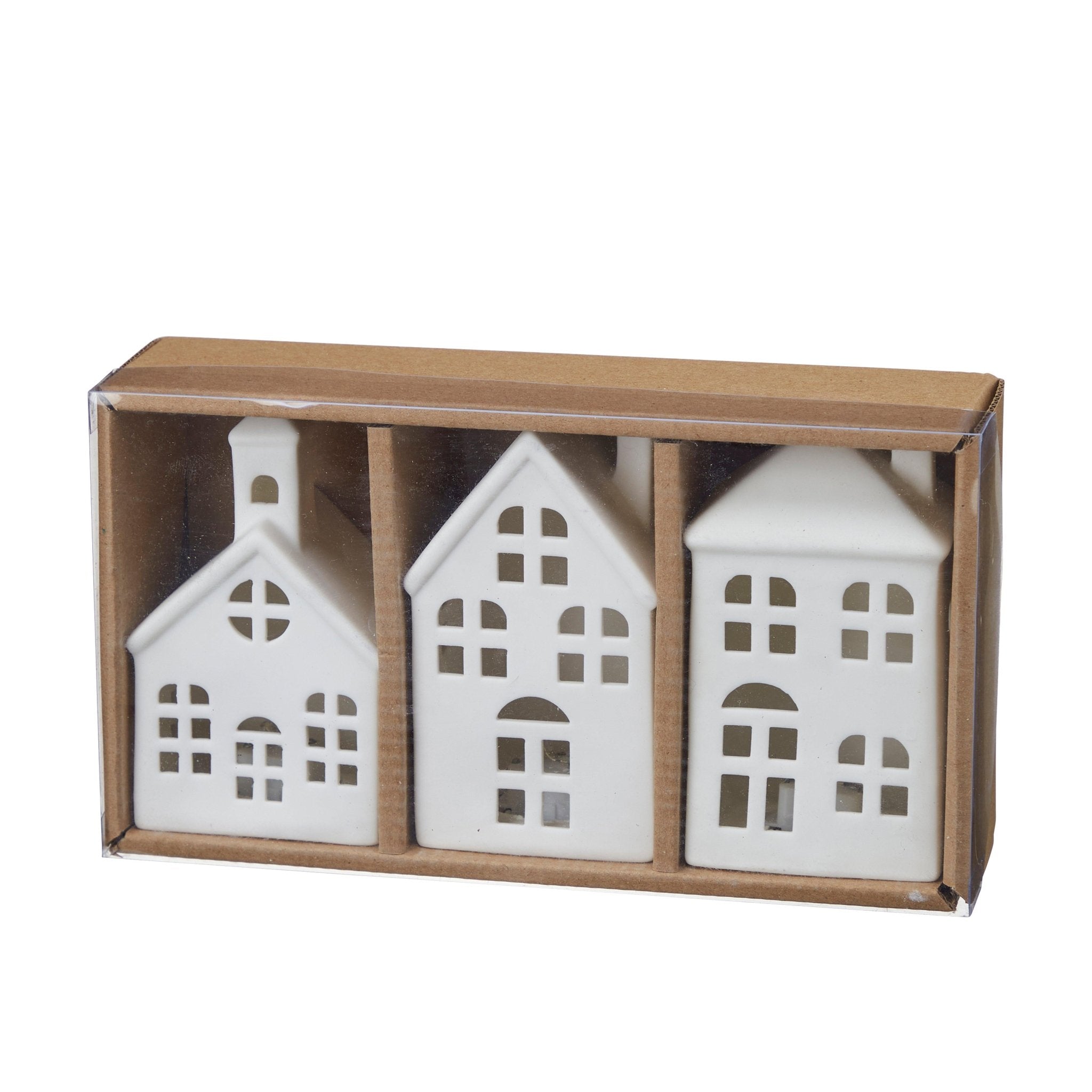 Set of 3 White Porcelain Houses with LEDs - Duck Barn Interiors
