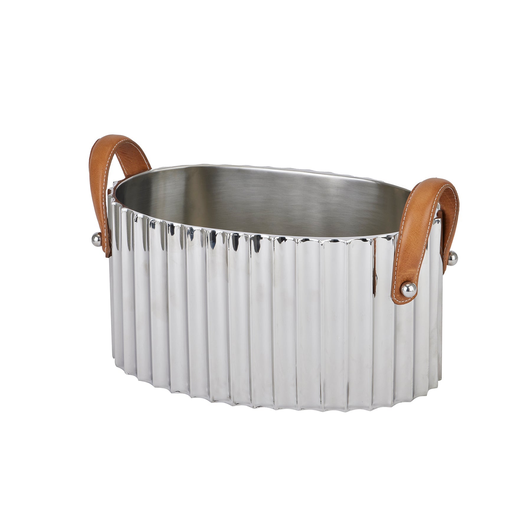Silver Fluted Ice Bucket with Leather Handle - Large - Duck Barn Interiors