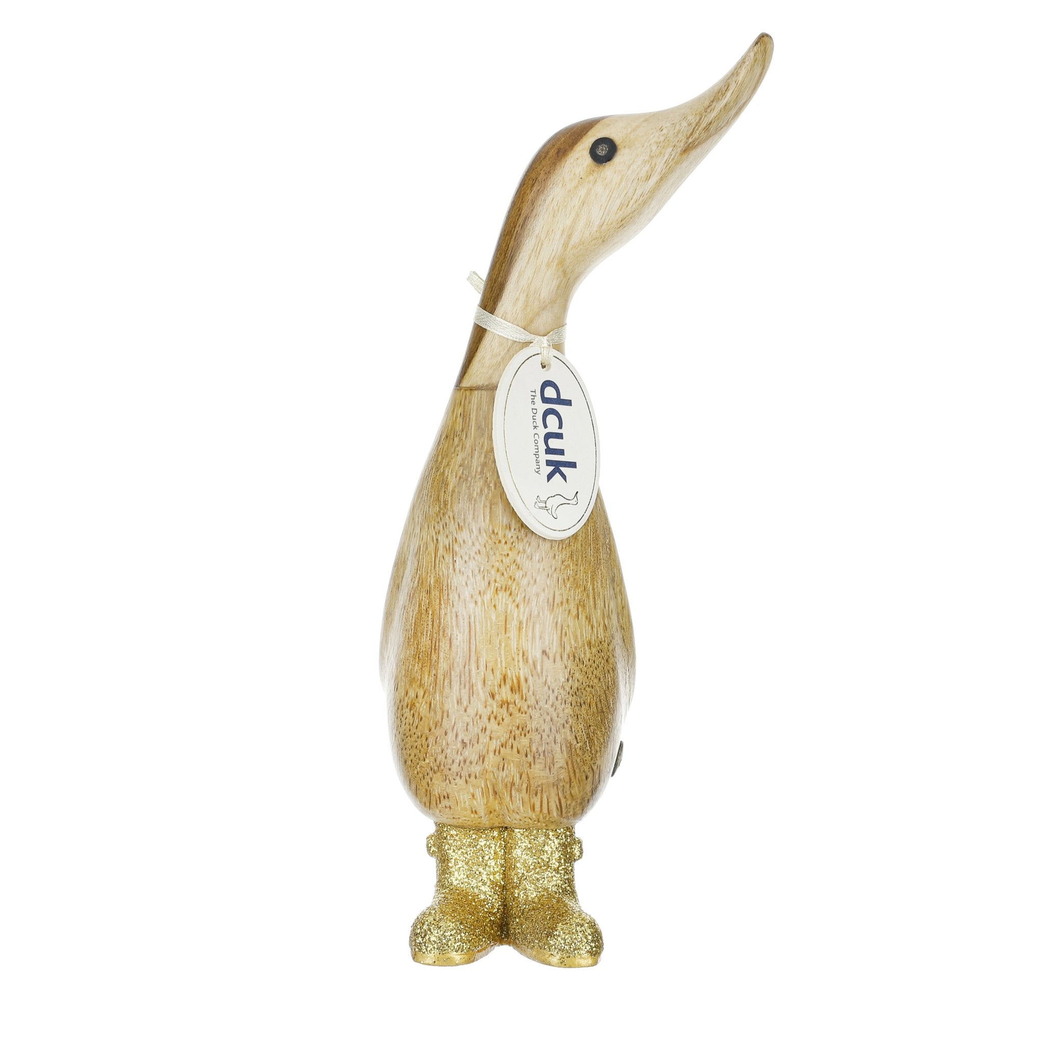 Small Wooden Disco Duckling in Gold Sparkly Wellies - Duck Barn Interiors
