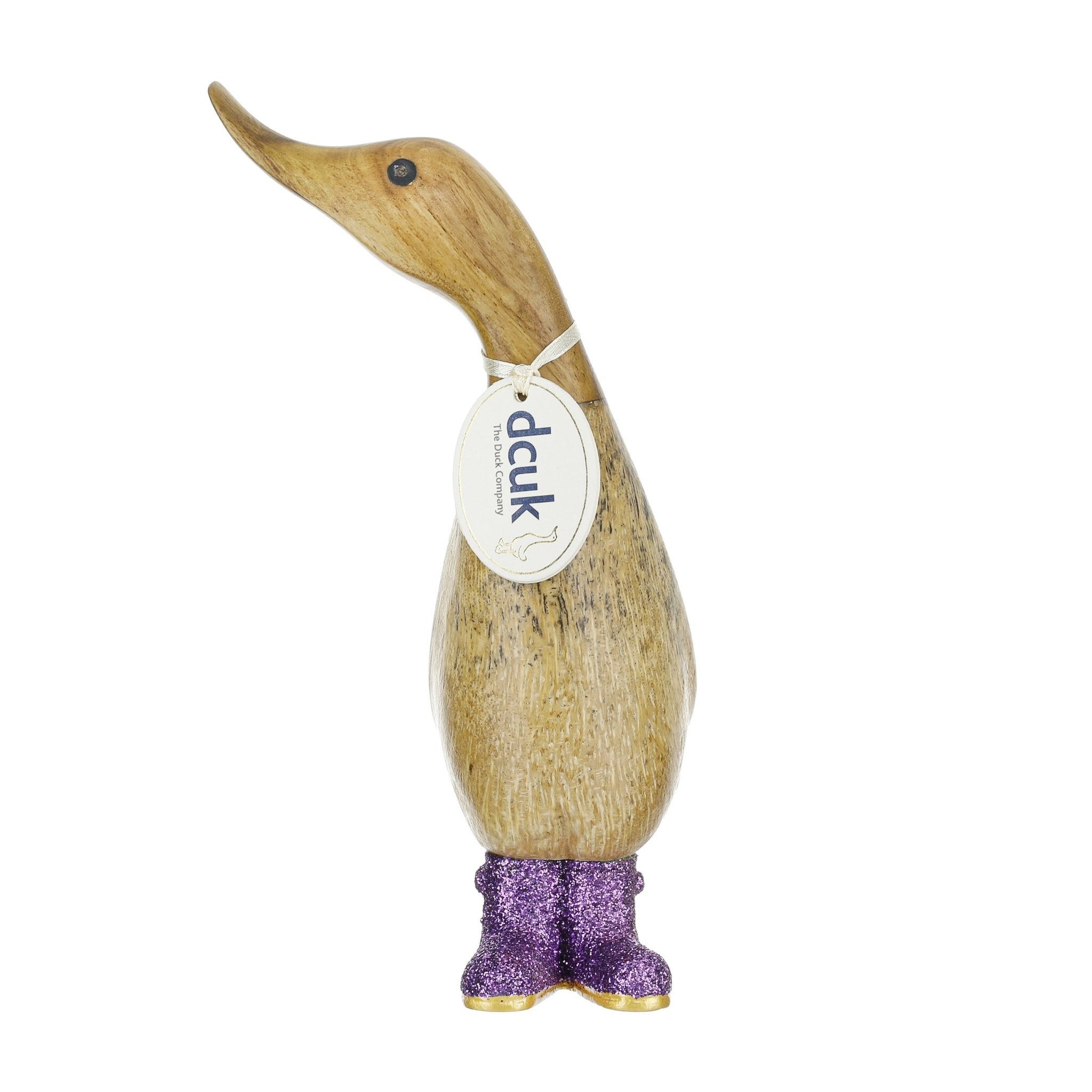 Small Wooden Disco Duckling in Purple Sparkly Wellies - Duck Barn Interiors