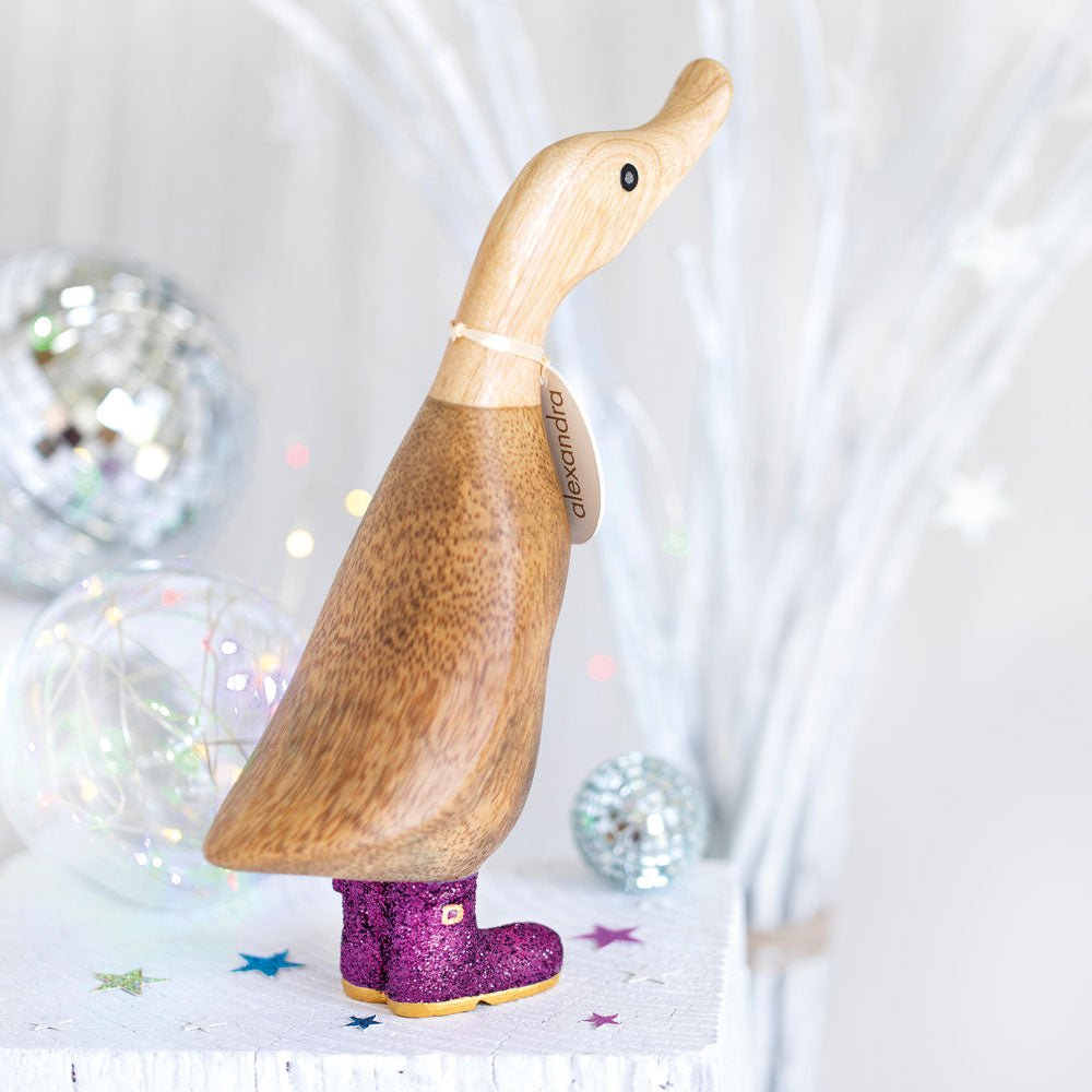 Small Wooden Disco Duckling in Purple Sparkly Wellies - Duck Barn Interiors