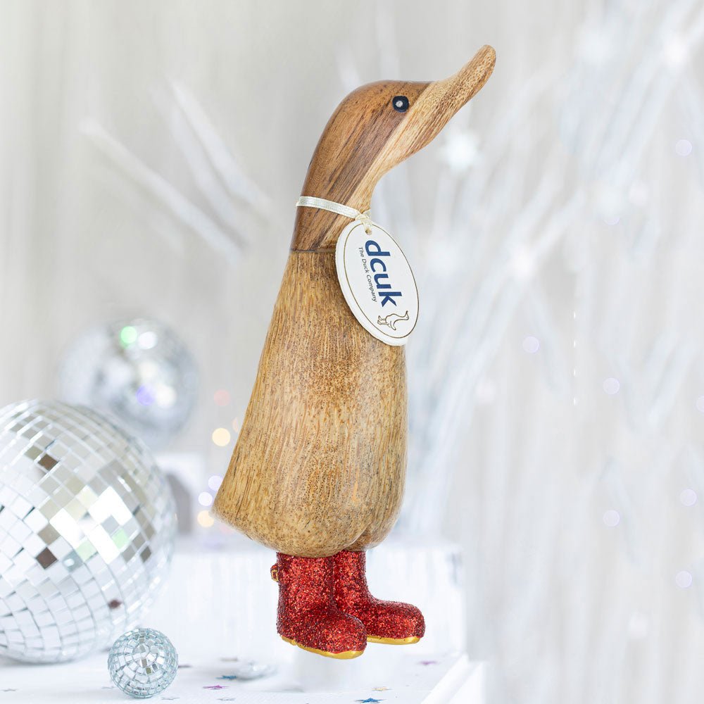 Small Wooden Disco Duckling in Red Sparkly Wellies - Duck Barn Interiors