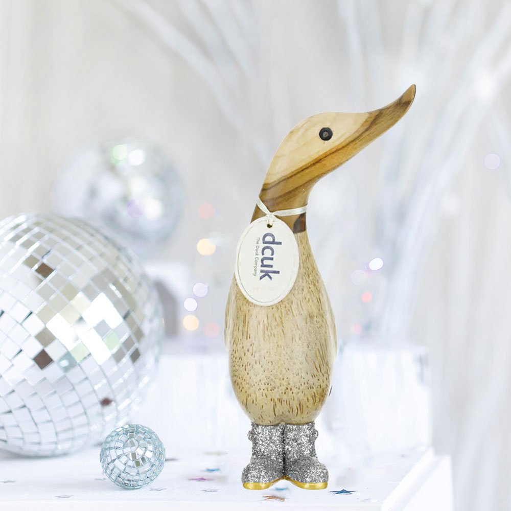 Small Wooden Disco Duckling in Silver Sparkly Wellies - Duck Barn Interiors