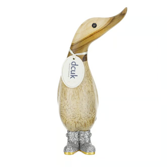 Small Wooden Disco Duckling in Silver Sparkly Wellies - Duck Barn Interiors
