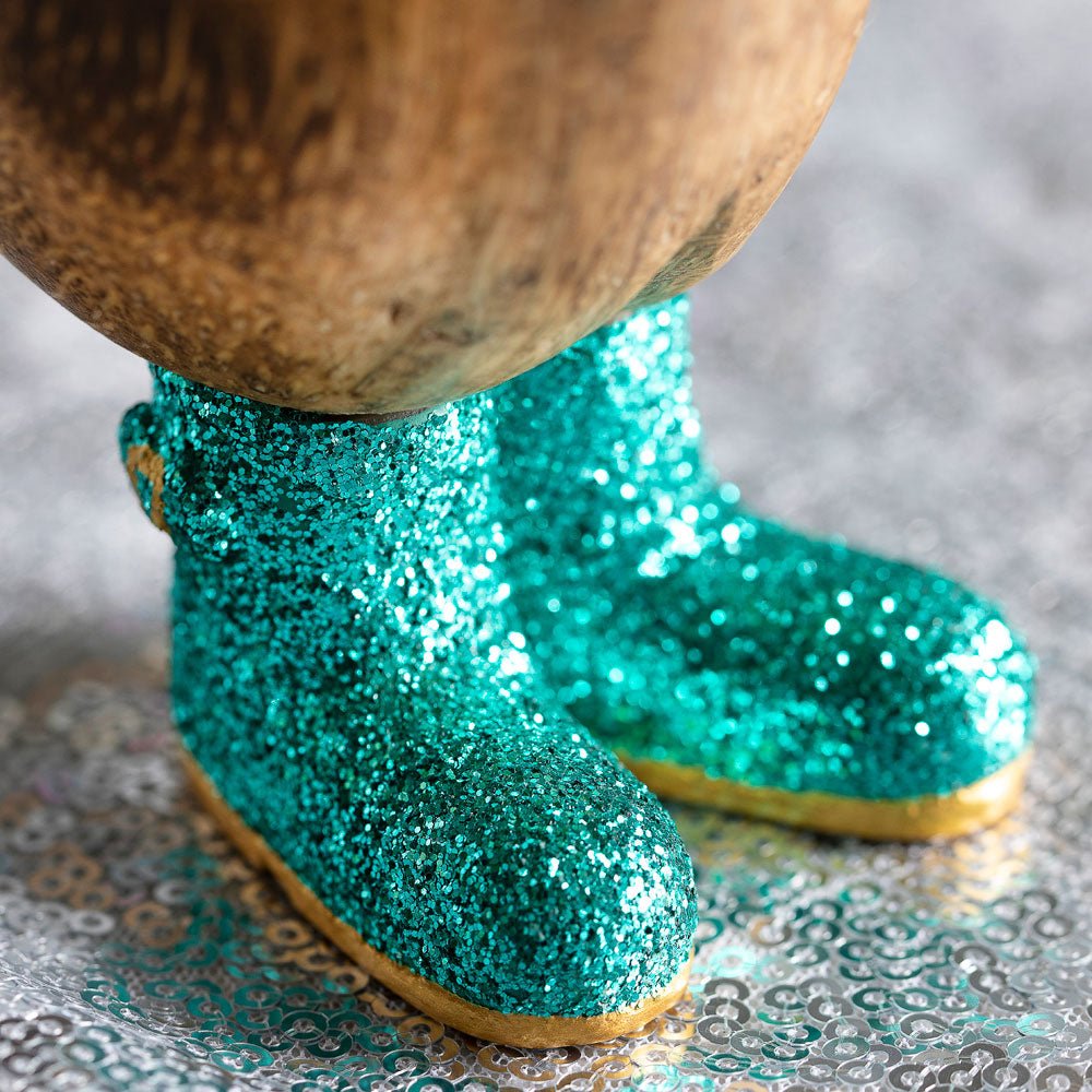 Small Wooden Disco Ducky in Green Sparkly Wellies - Duck Barn Interiors