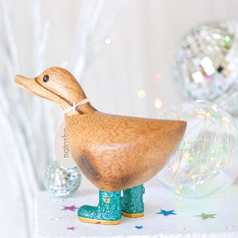 Small Wooden Disco Ducky in Green Sparkly Wellies - Duck Barn Interiors