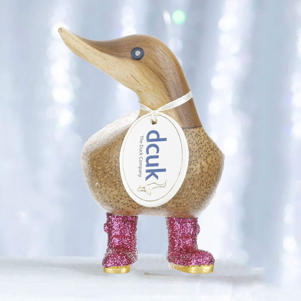 Small Wooden Disco Ducky in Pink Sparkly Wellies - Duck Barn Interiors