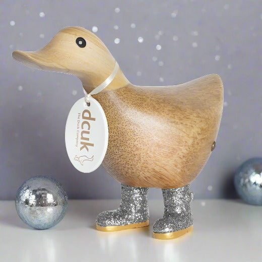 Small Wooden Disco Ducky in Silver Sparkly Wellies - Duck Barn Interiors