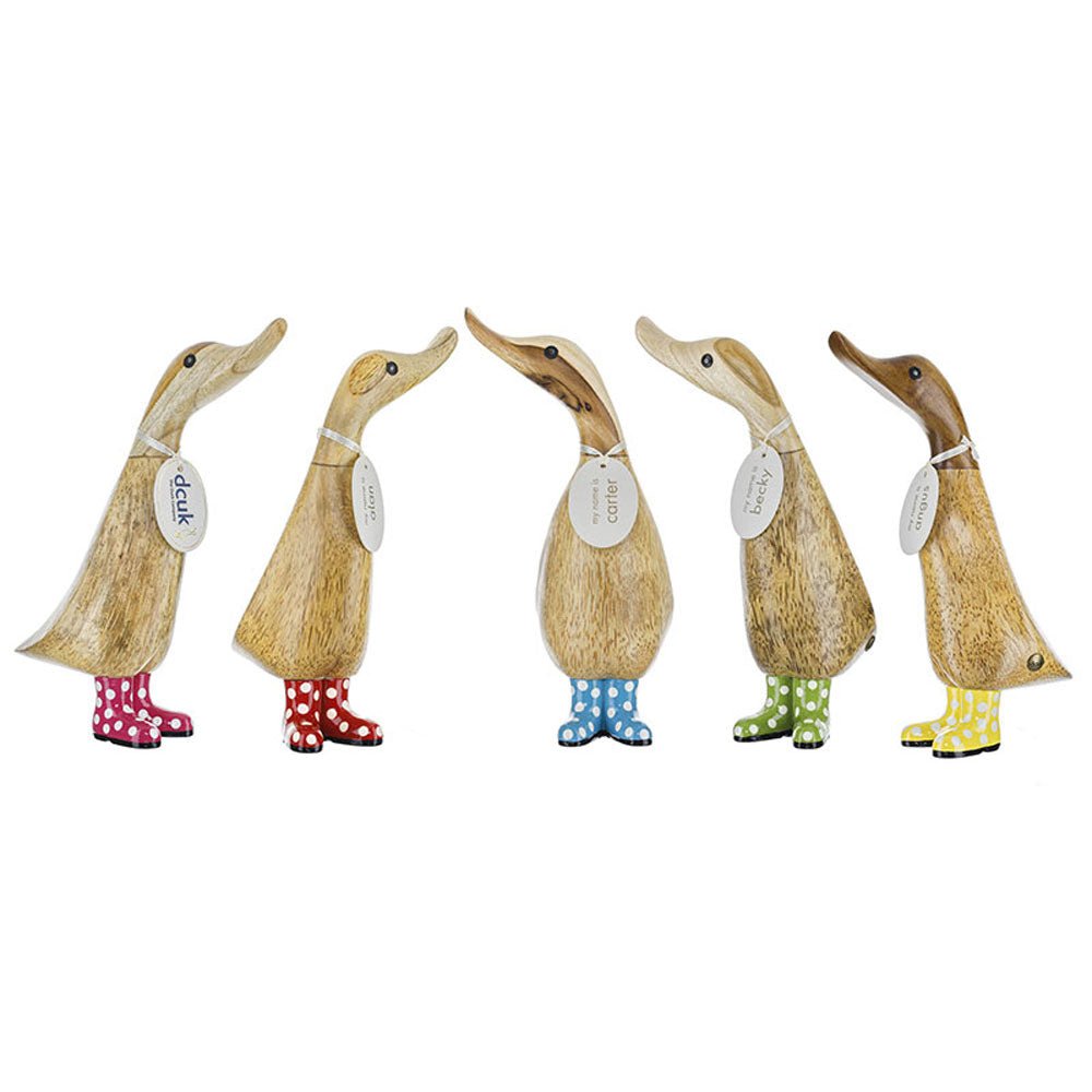 Small Wooden Duckling in Blue and White Spotty Wellies - Duck Barn Interiors