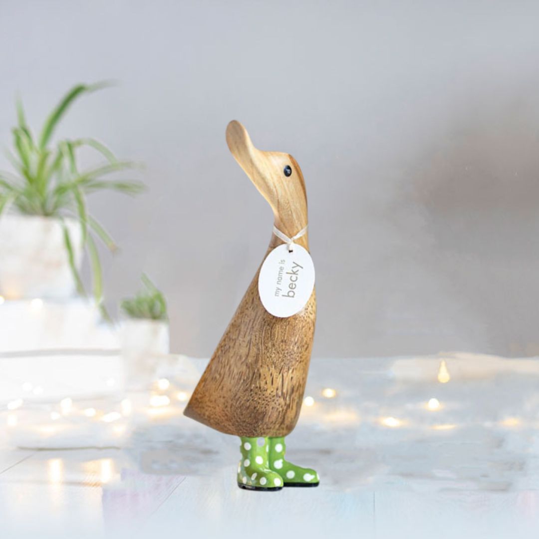 Small Wooden Duckling in Green and White Spotty Wellies - Duck Barn Interiors