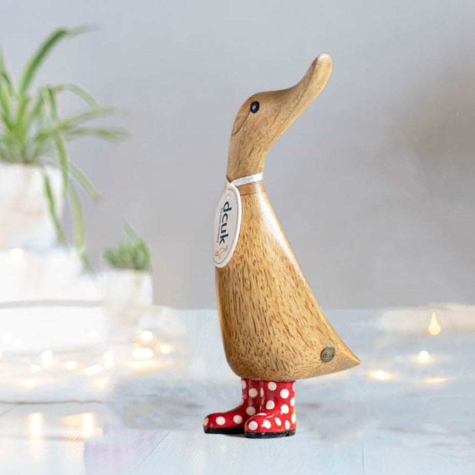 Wooden Duckling in Red and White Spotty Wellies1 - Duck Barn Interiors
