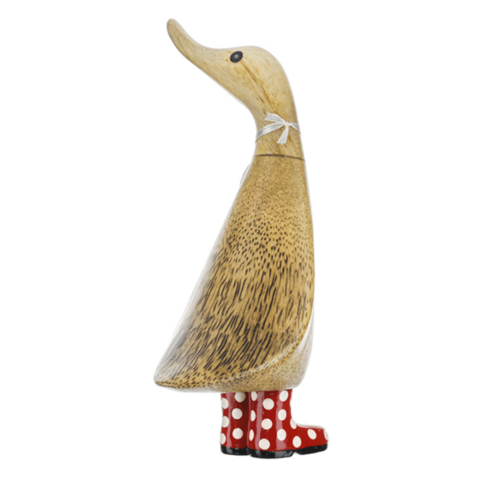 Small Wooden Duckling in Red and White Spotty Wellies - Duck Barn Interiors