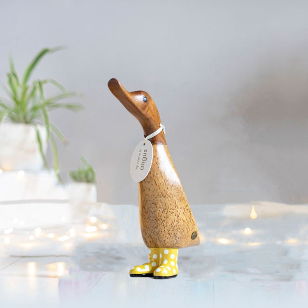 Small Wooden Duckling in Yellow and White Spotty Wellies - Duck Barn Interiors