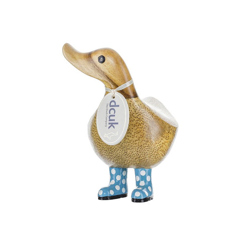 Small Wooden Ducky in Blue and White Spotty Wellies - Duck Barn Interiors