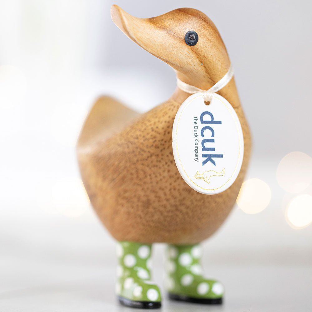 Small Wooden Ducky in Green and White Spotty Wellies - Duck Barn Interiors
