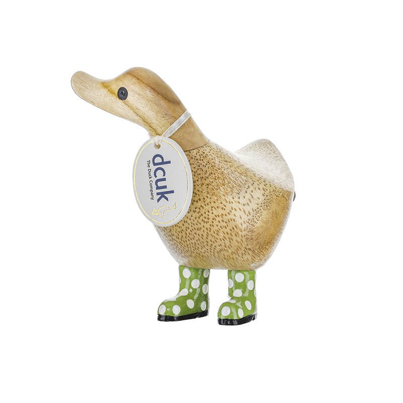 Small Wooden Ducky in Green and White Spotty Wellies - Duck Barn Interiors