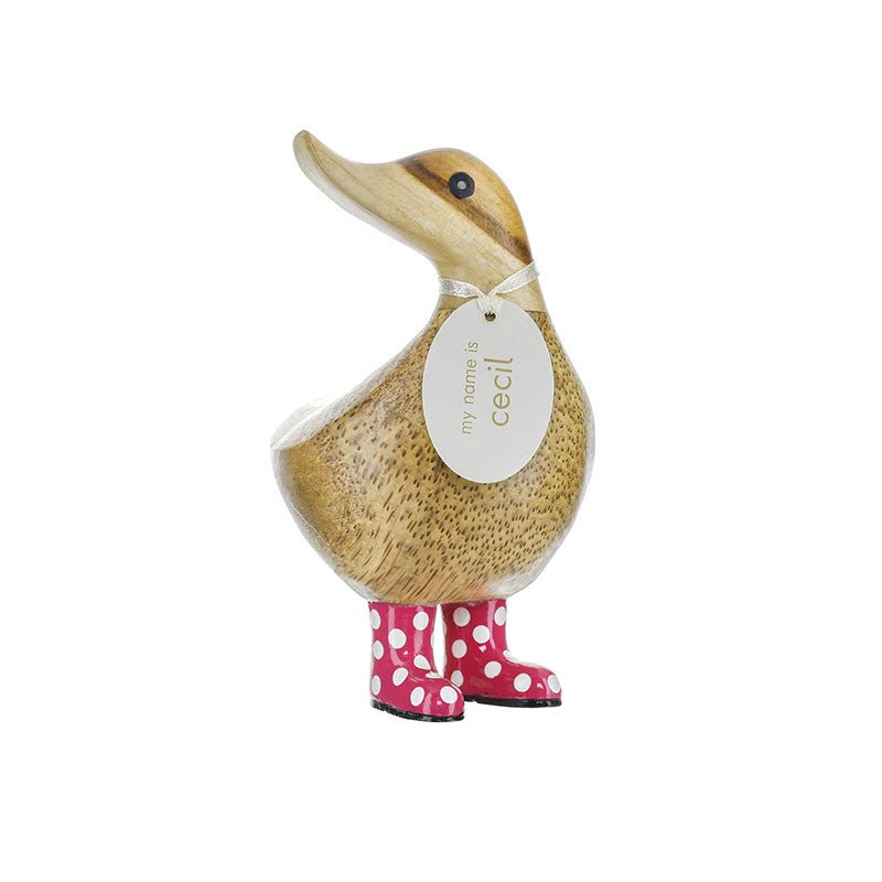 Small Wooden Ducky in Pink and White Spotty Wellies - Duck Barn Interiors