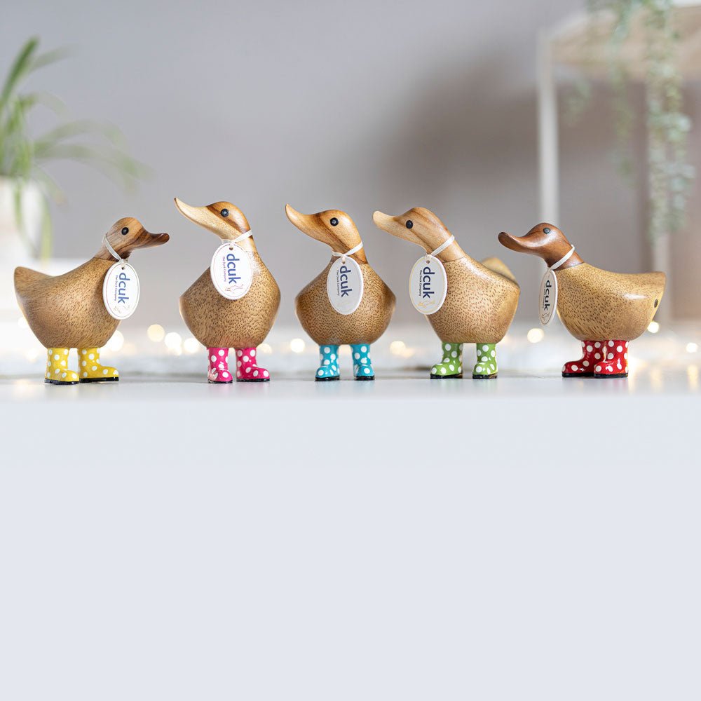 Small Wooden Ducky in Pink and White Spotty Wellies - Duck Barn Interiors