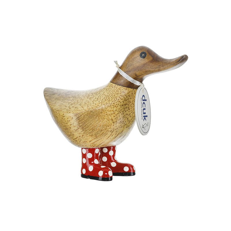 Small Wooden Ducky in Red and White Spotty Wellies - Duck Barn Interiors