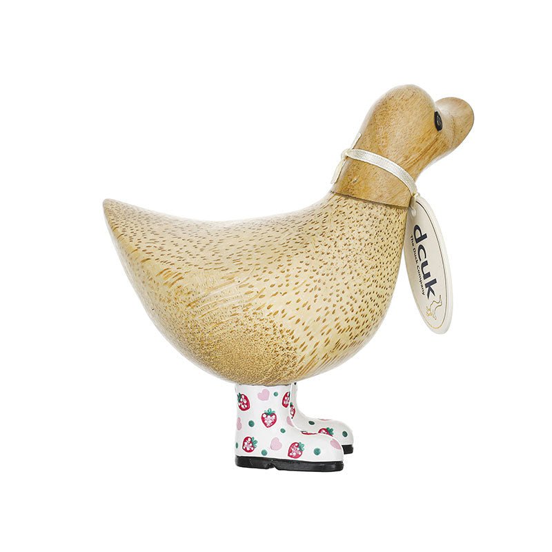 Small Wooden Ducky in Strawberry Print Wellies - Duck Barn Interiors