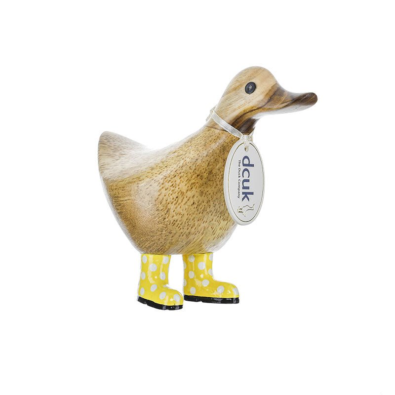 Wooden Ducky in Yellow and White Spotty Wellies