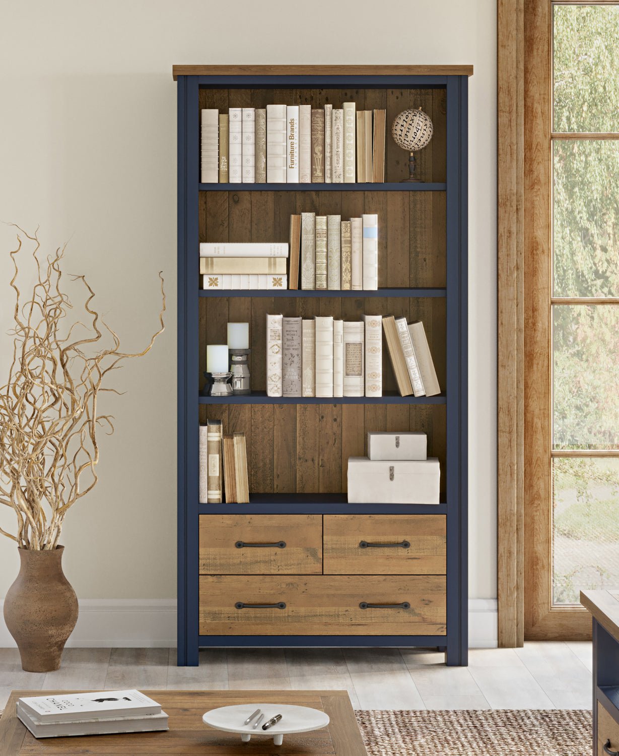 Splash of Blue Large Open Bookcase with Drawers - Duck Barn Interiors