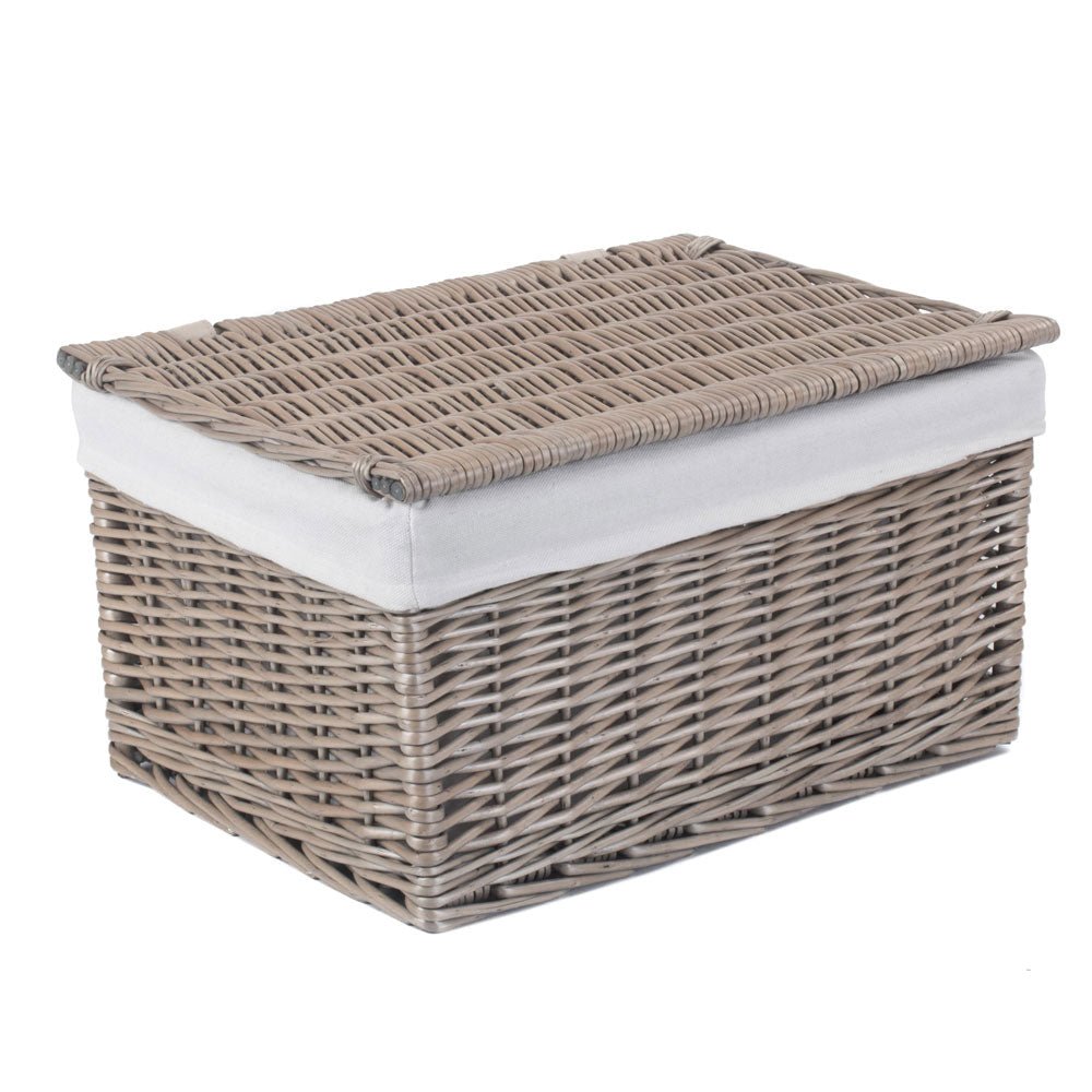 Wicker Antique Wash Lined Storage Basket with Lid - 42cm - Duck Barn Interiors