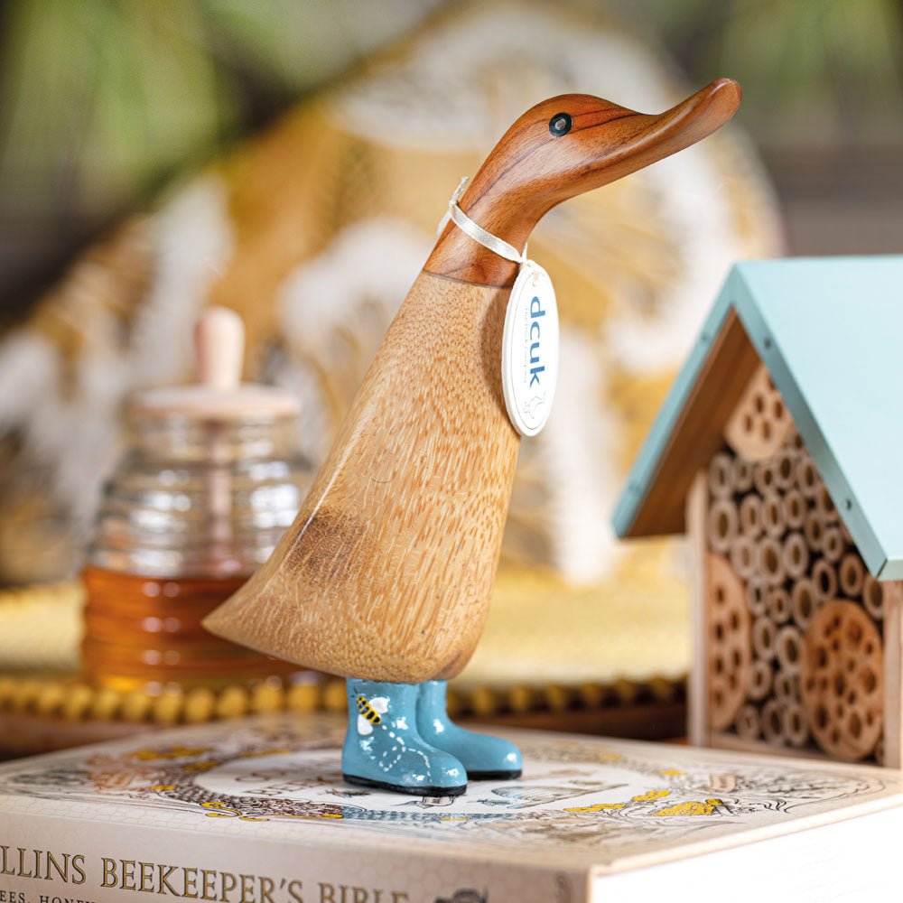 Wooden Duckling in Bee Print Wellies - Duck Barn Interiors